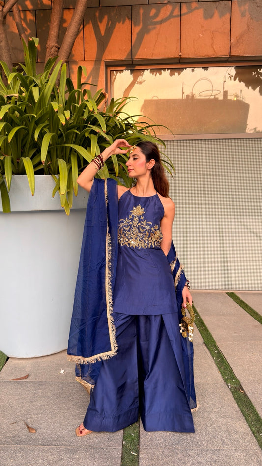 Navy blue suit set with gold floral embroidery and matching dupatta