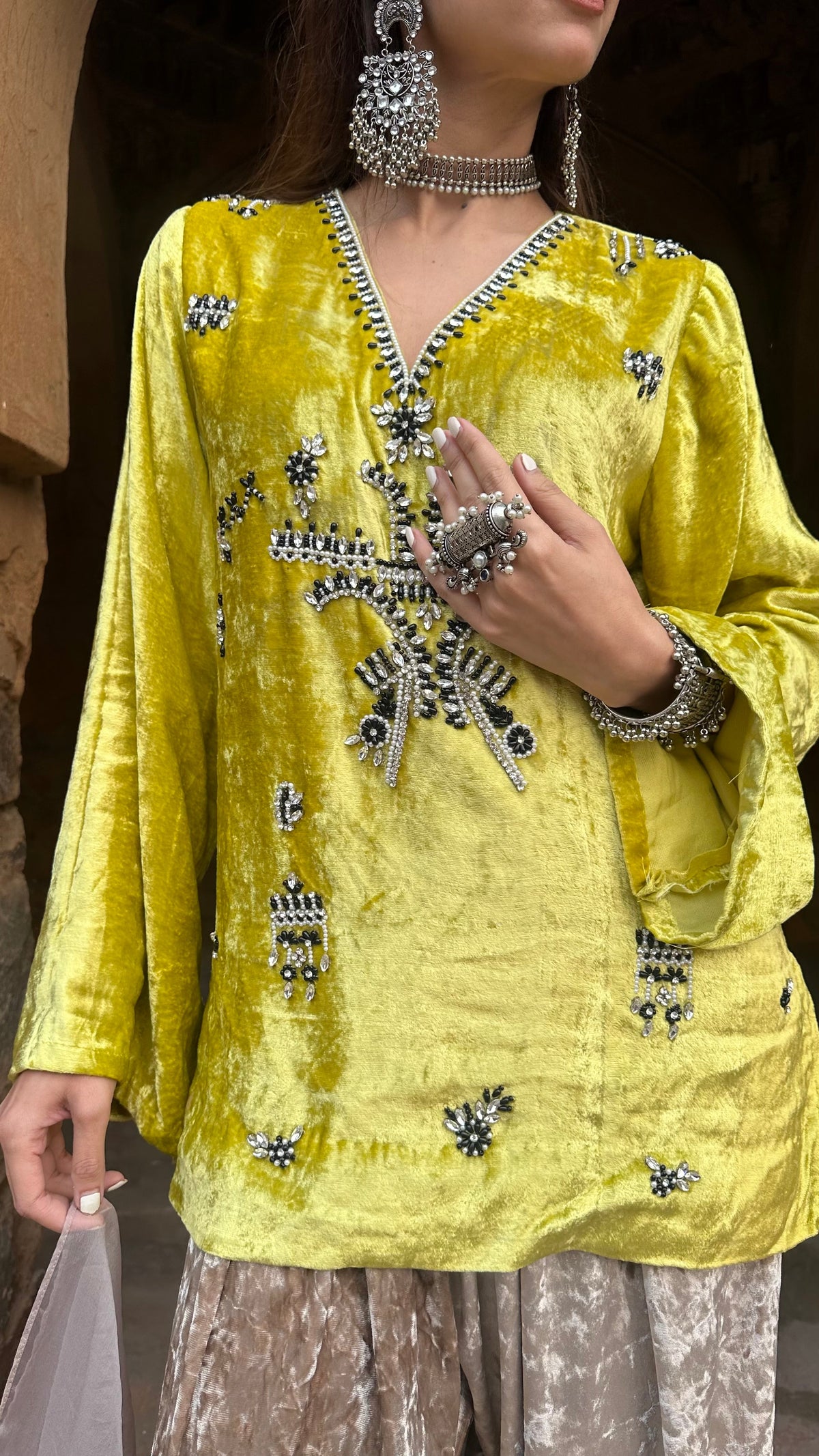 Zeenat Lime Velvet Suit