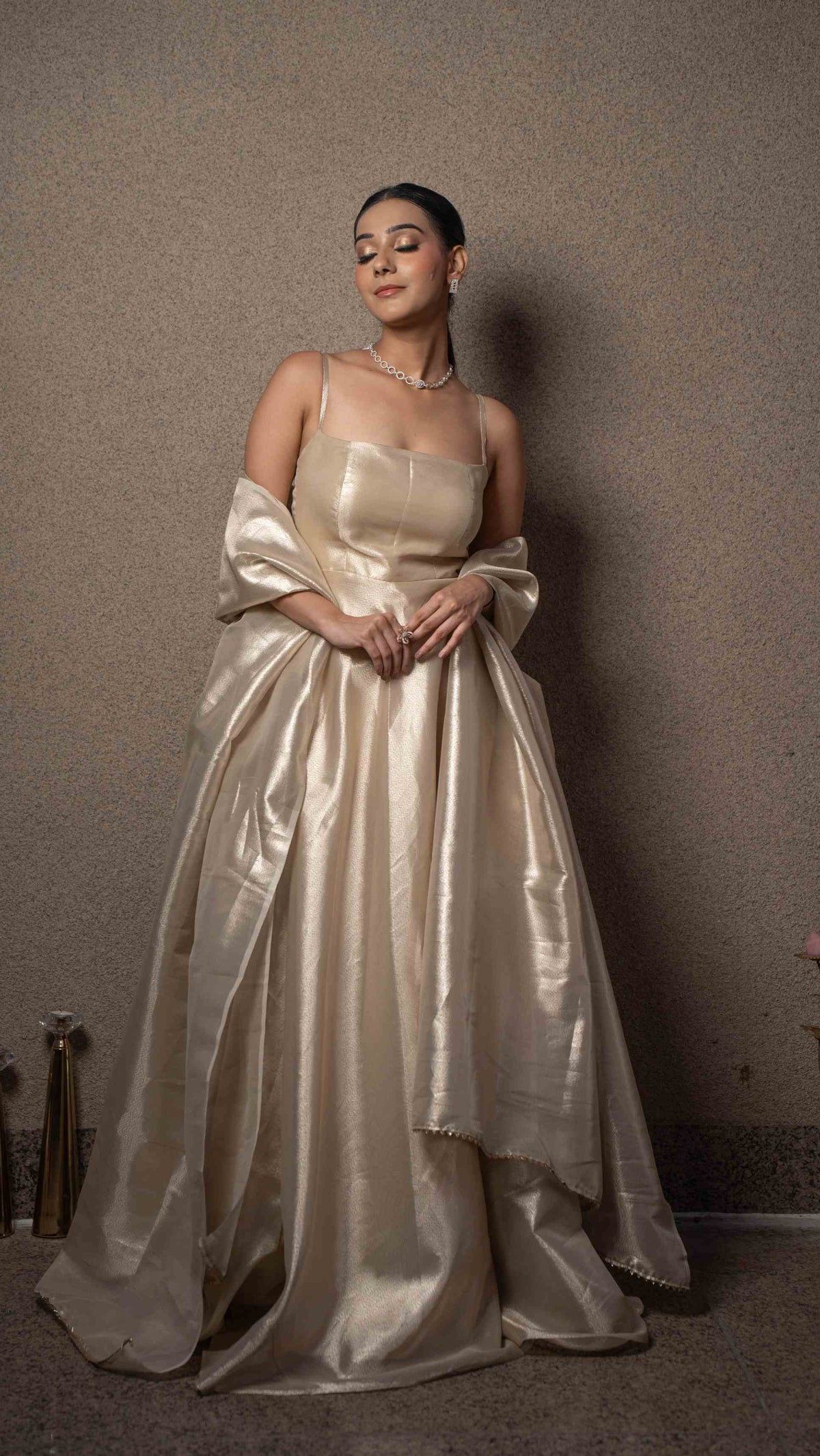 Metallic floor length suit with tissue dupatta
