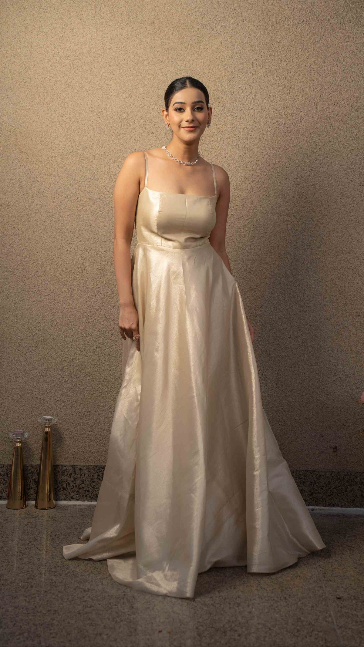 Metallic floor length suit with tissue dupatta