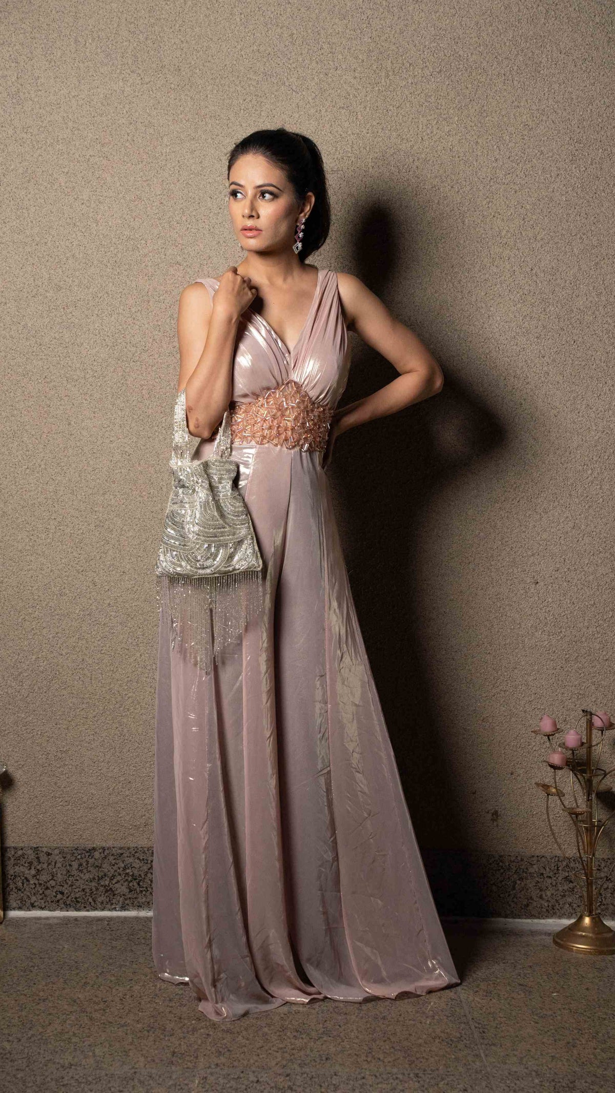 Metallic jumpsuit with crystal detailing
