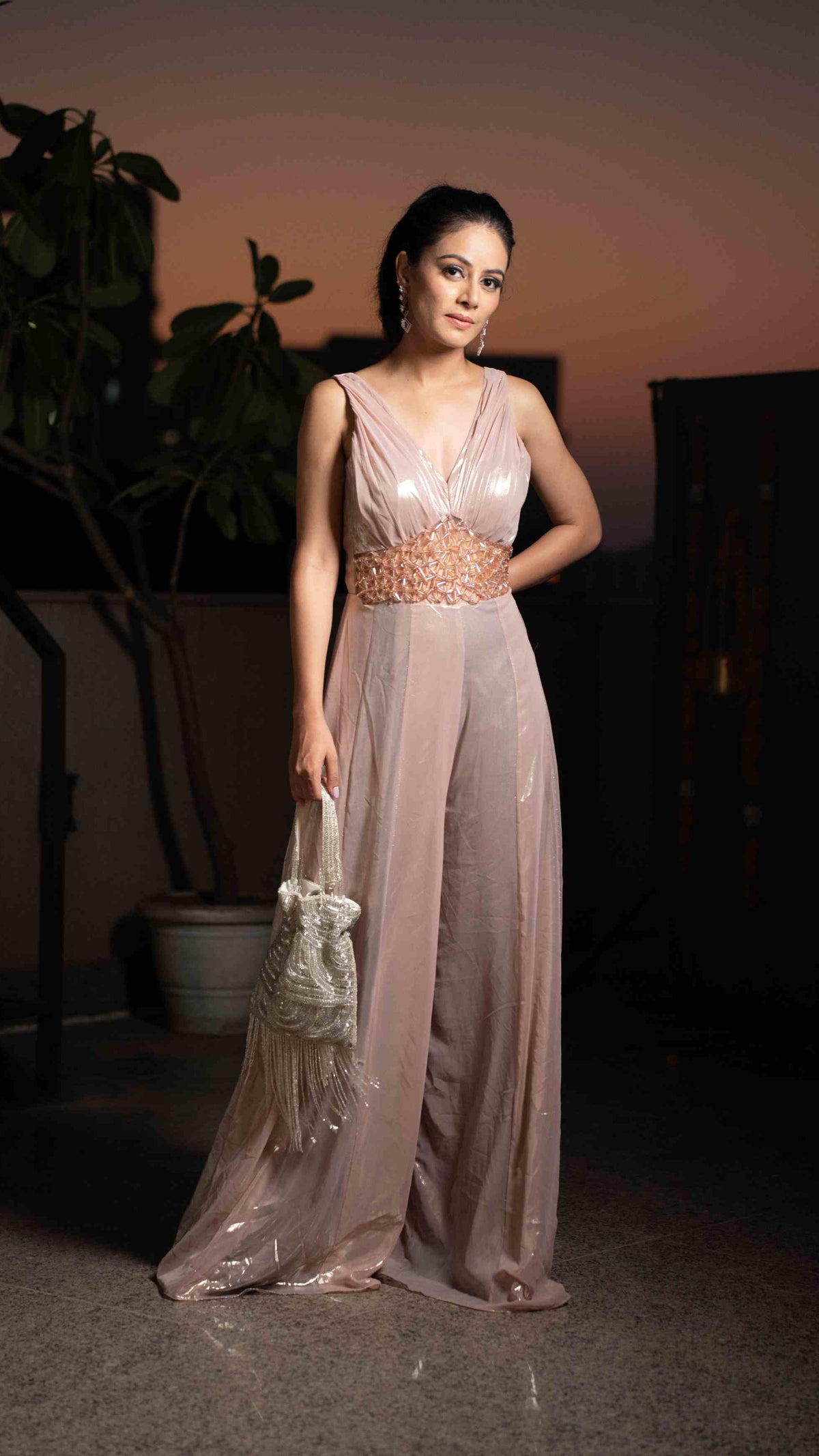 Metallic jumpsuit with crystal detailing