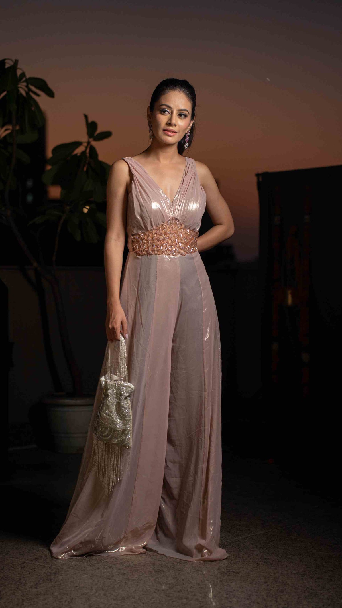 Metallic jumpsuit with crystal detailing