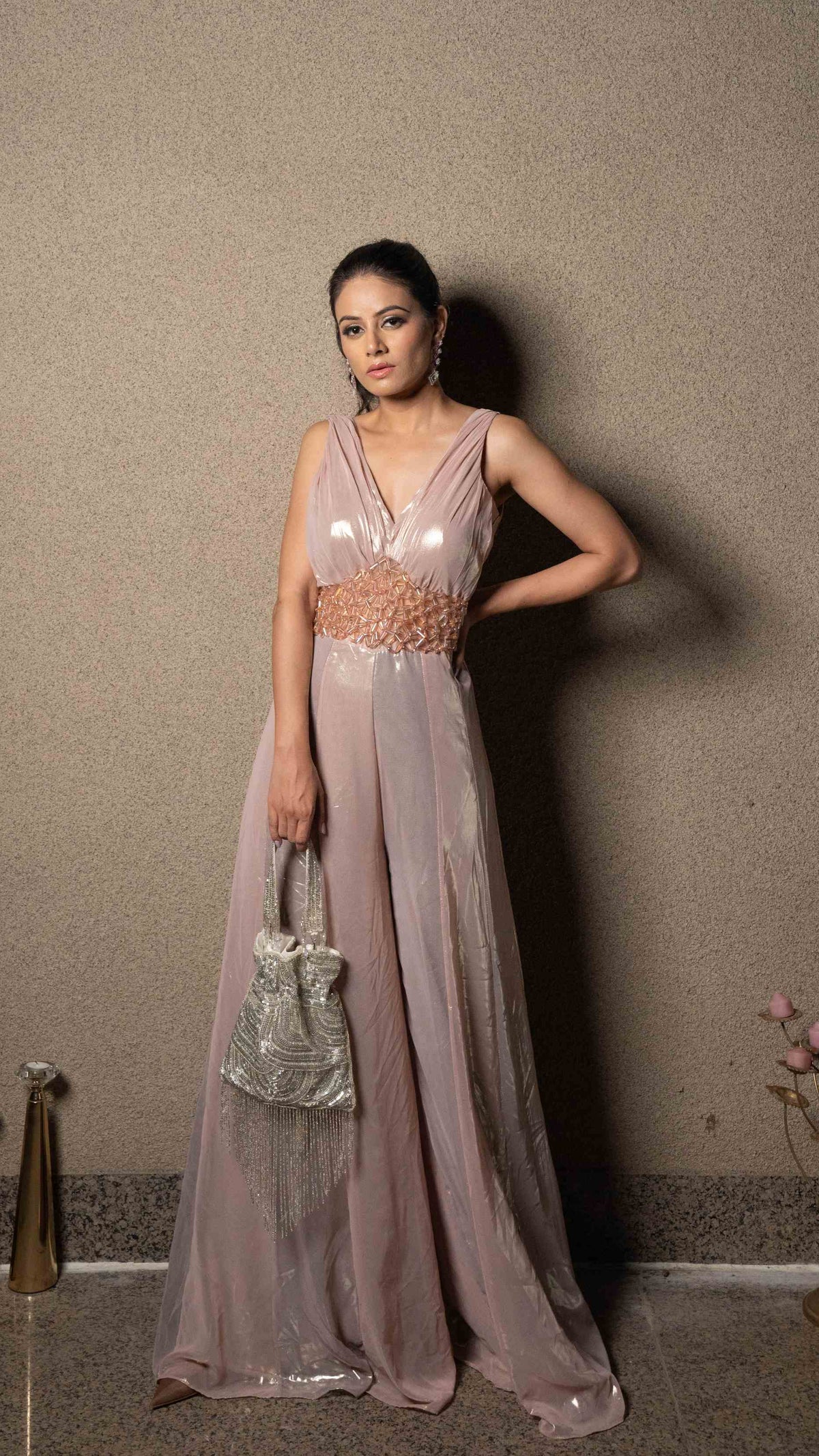Metallic jumpsuit with crystal detailing