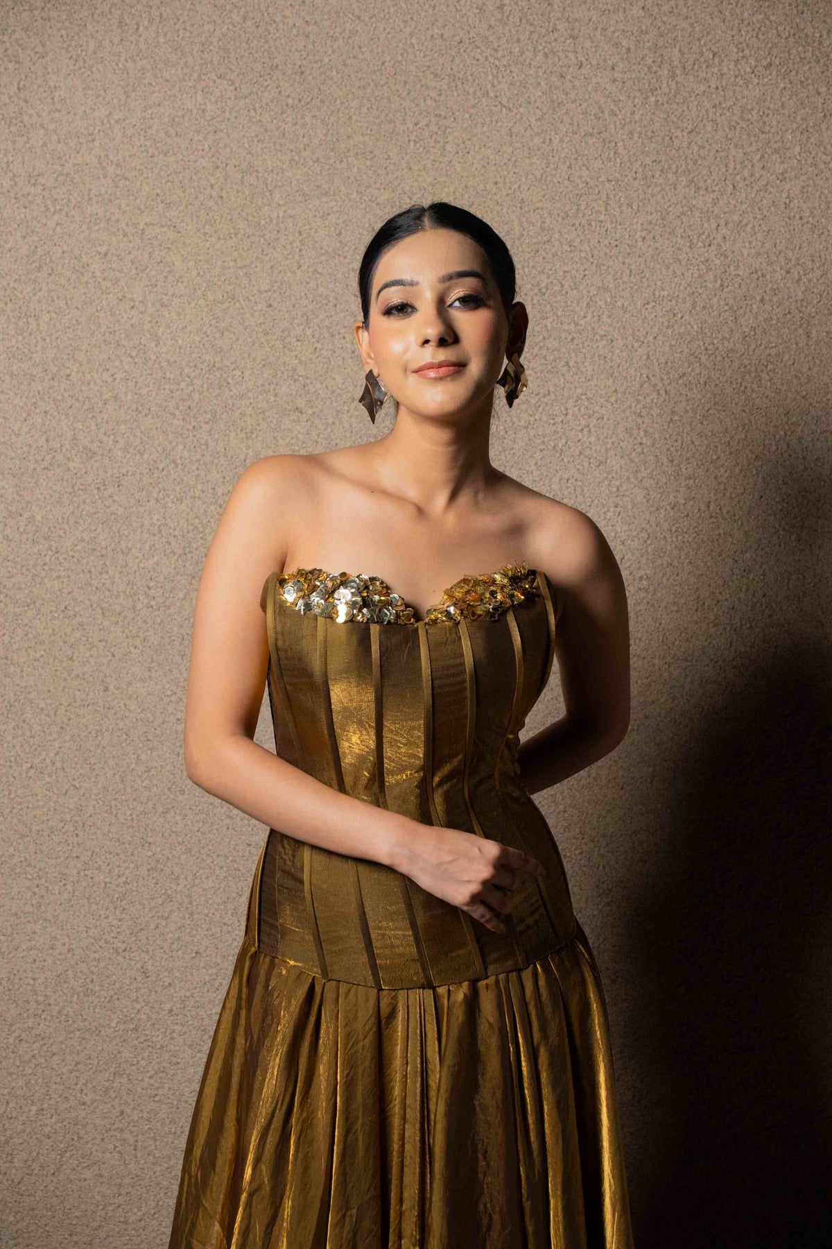 Metallic corset with flared skirt