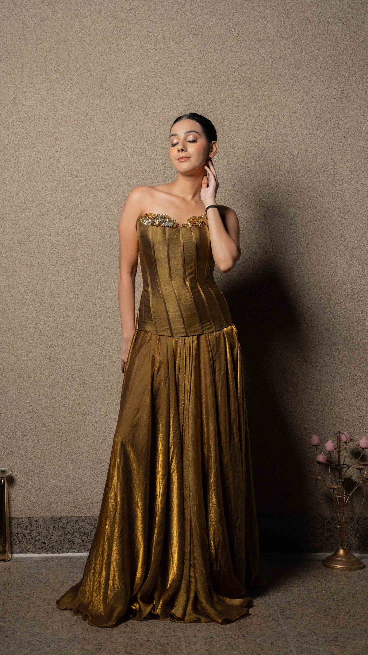 Metallic corset with flared skirt