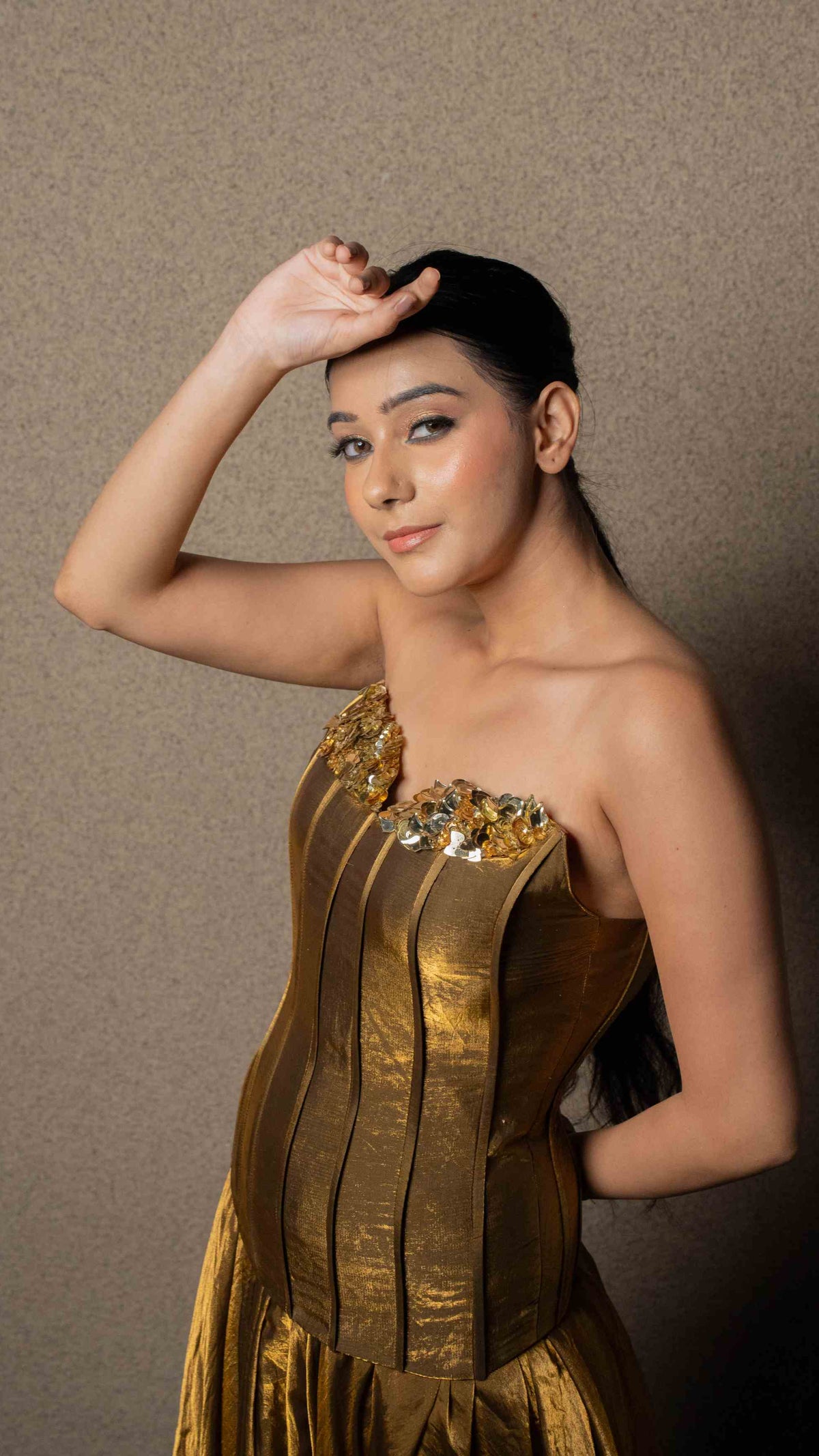 Metallic corset with flared skirt