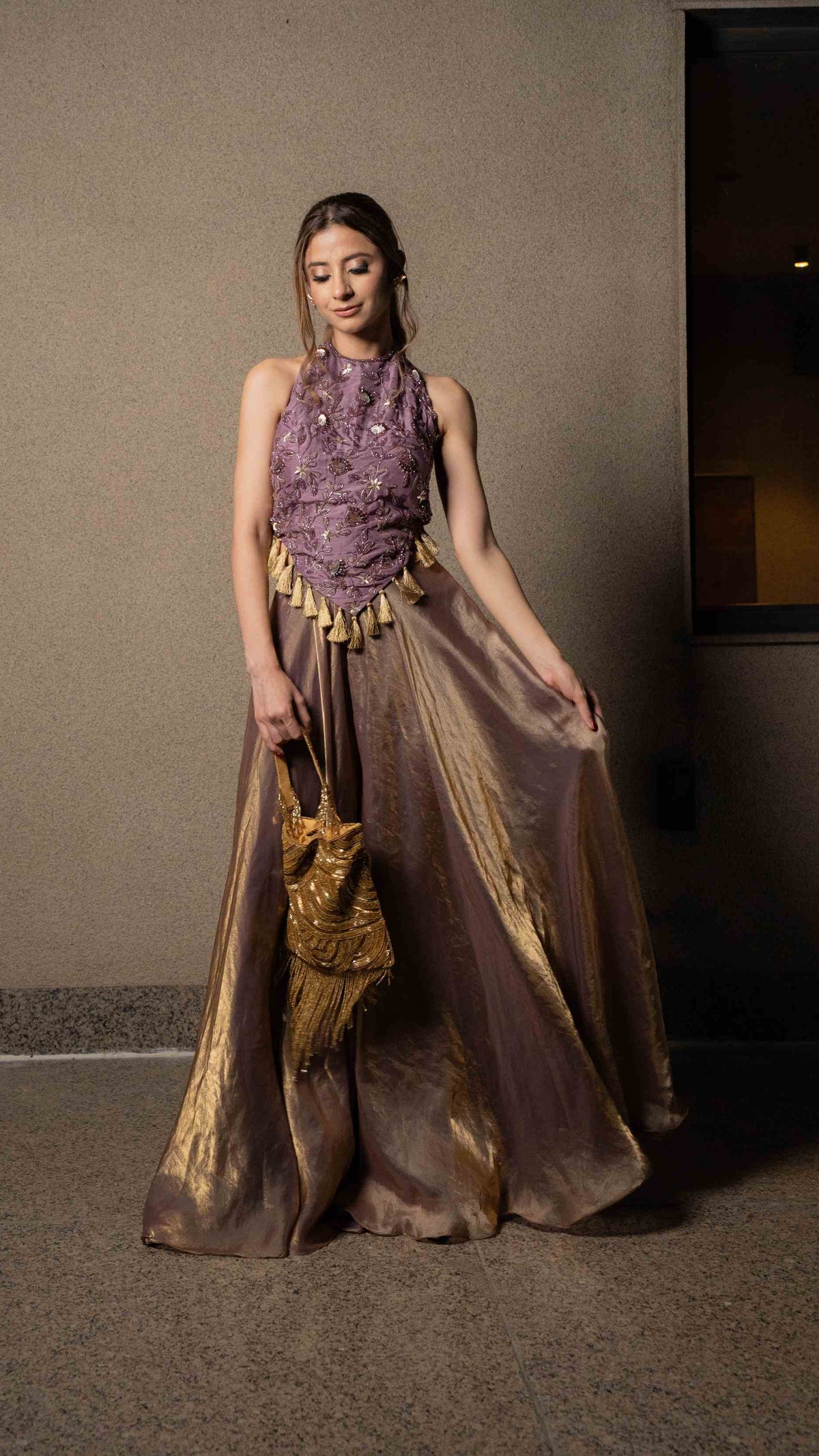 Embellished top with flared metallic pallazos