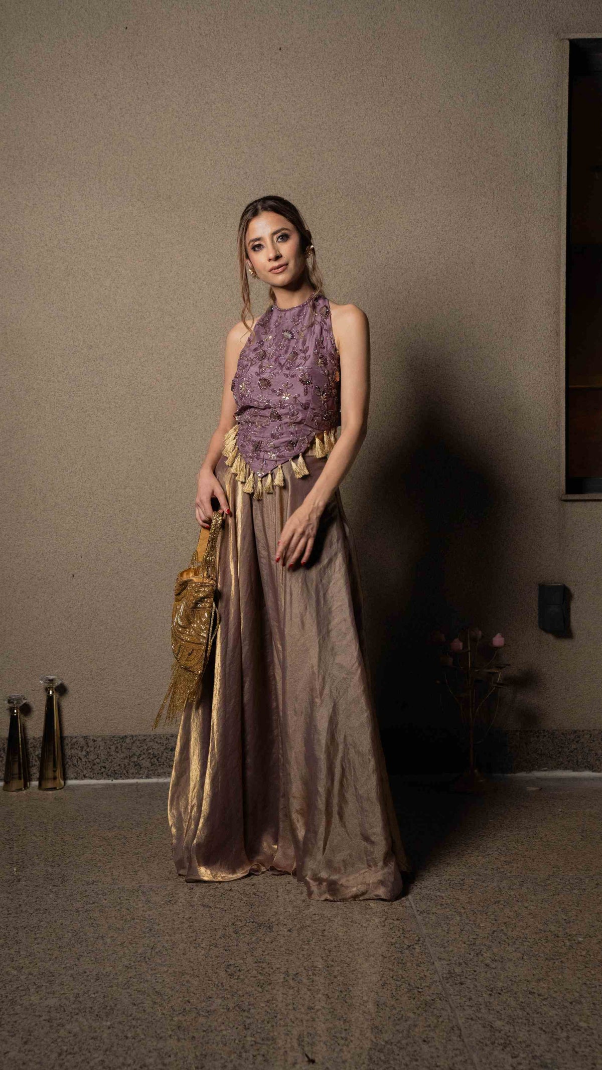 Embellished top with flared metallic pallazos