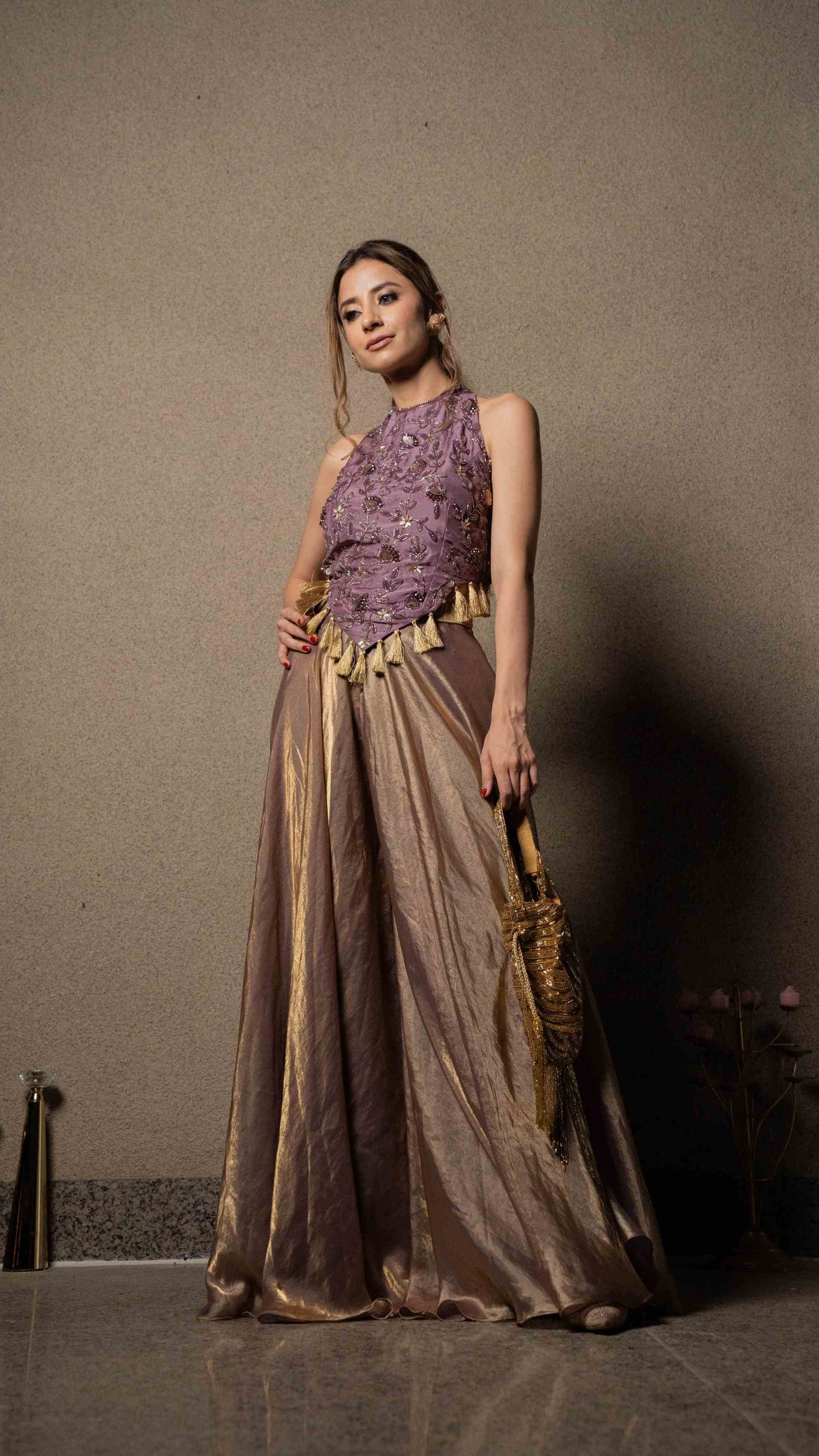 Embellished top with flared metallic pallazos