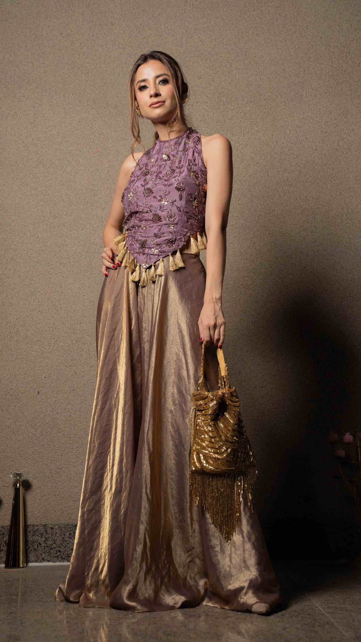 Embellished top with flared metallic pallazos