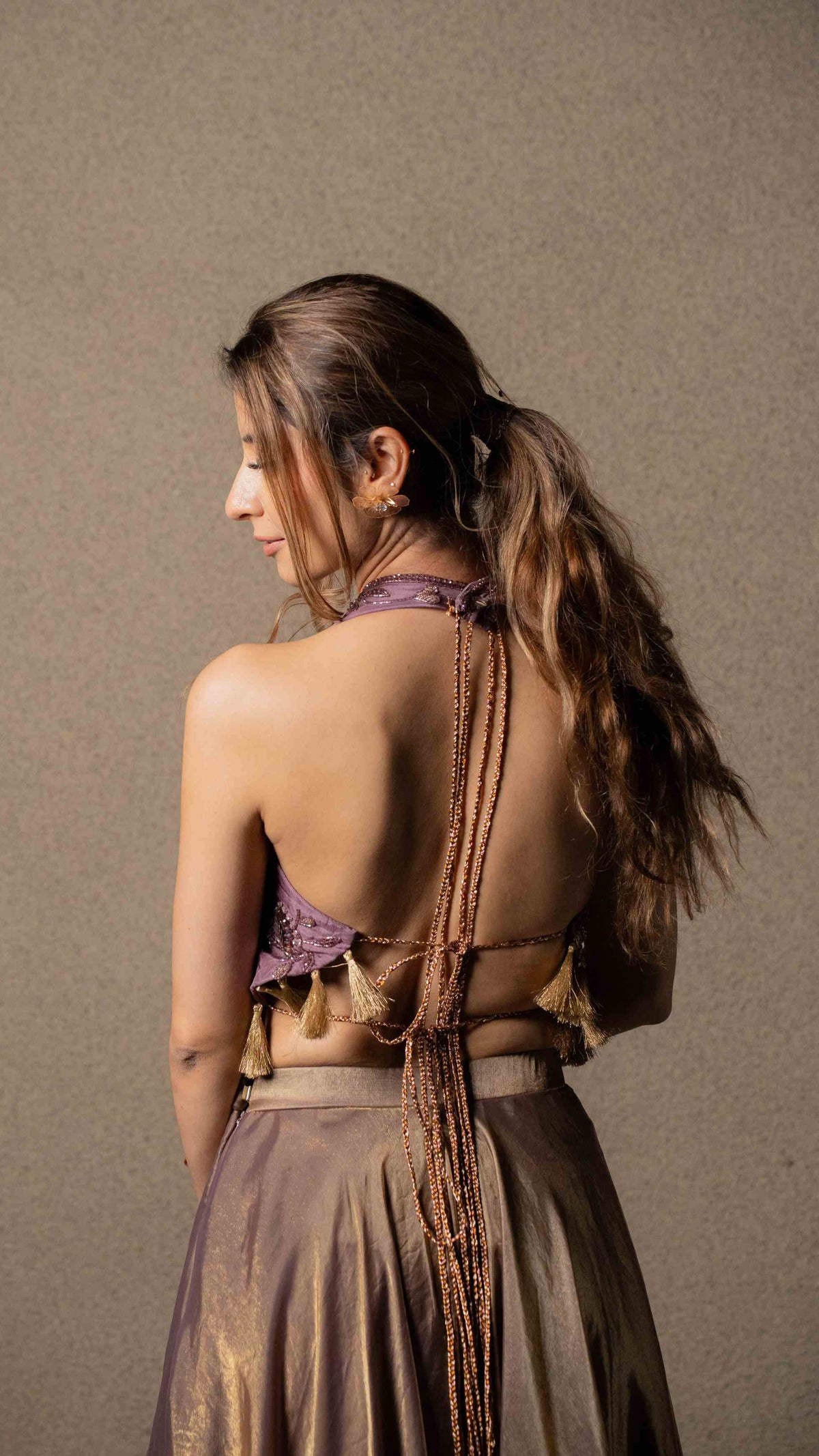 Embellished top with flared metallic pallazos