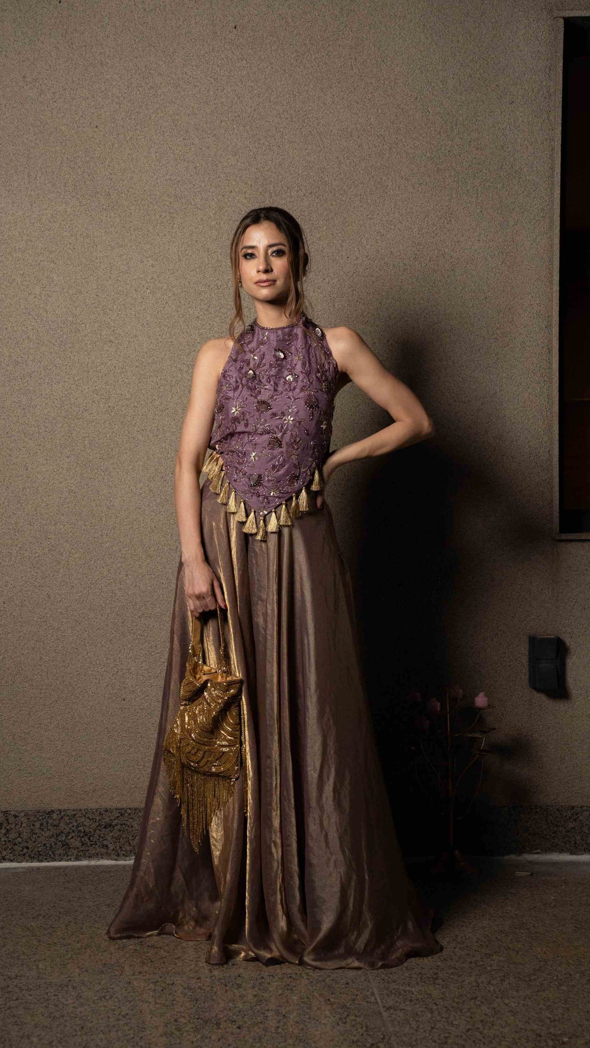 Embellished top with flared metallic pallazos