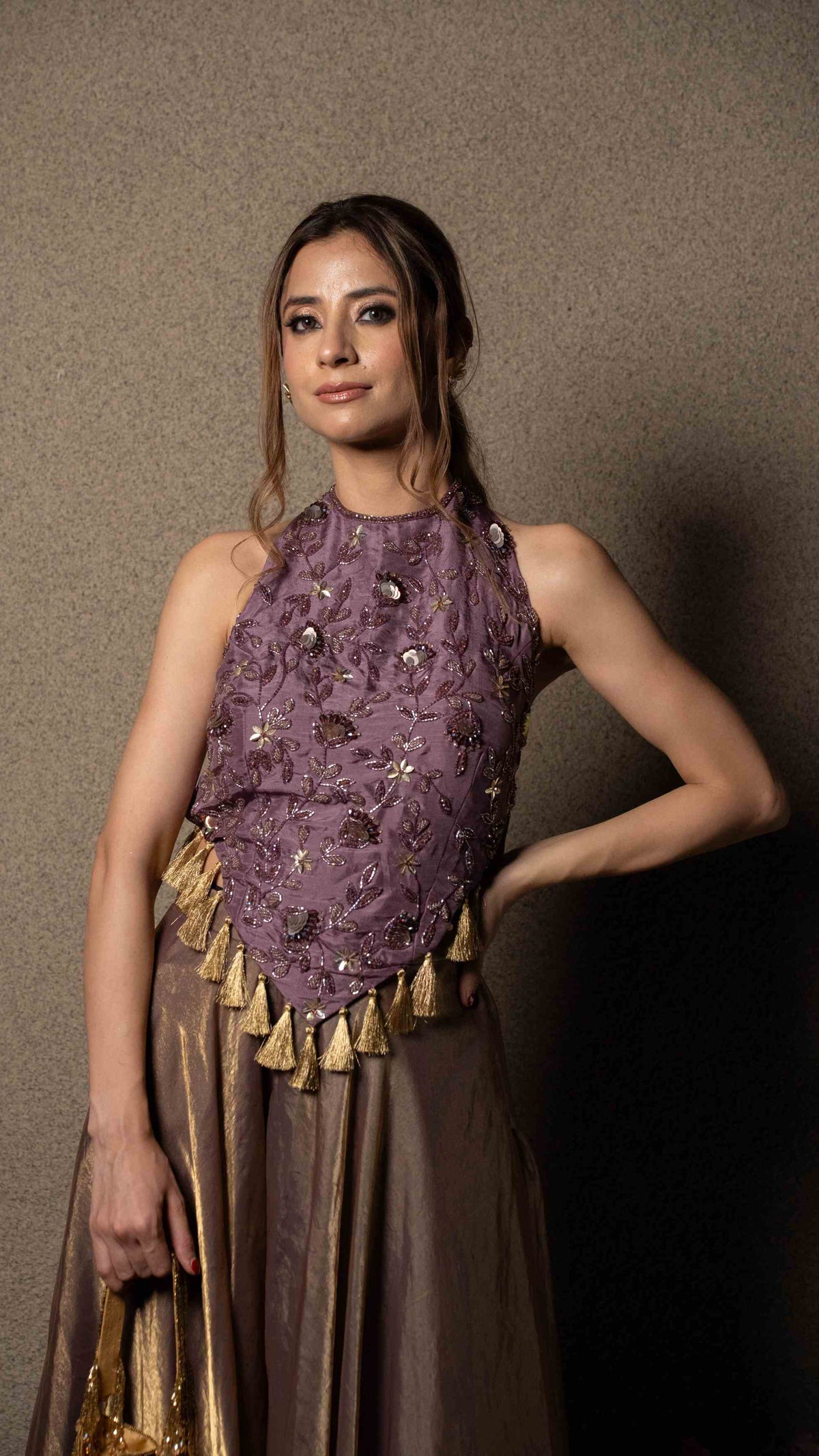 Embellished top with flared metallic pallazos