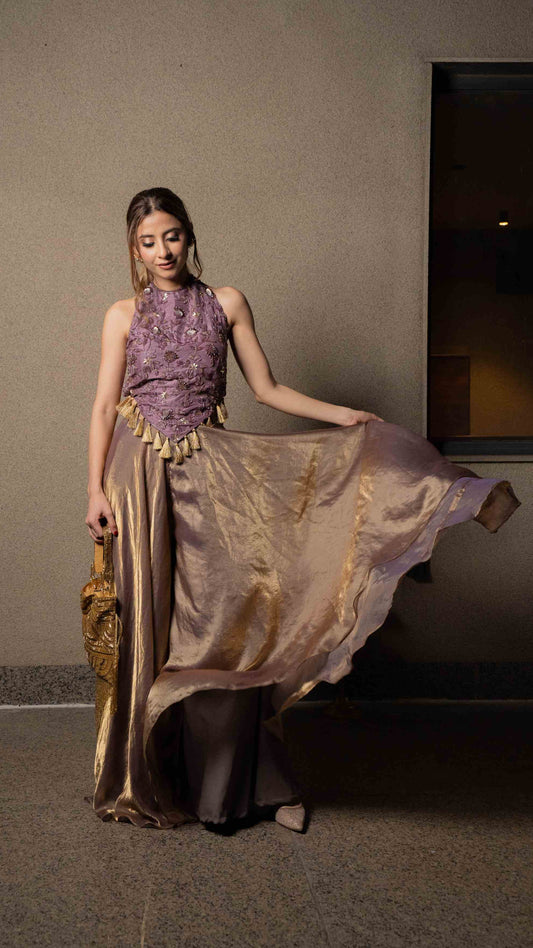 Embellished top with flared metallic pallazos