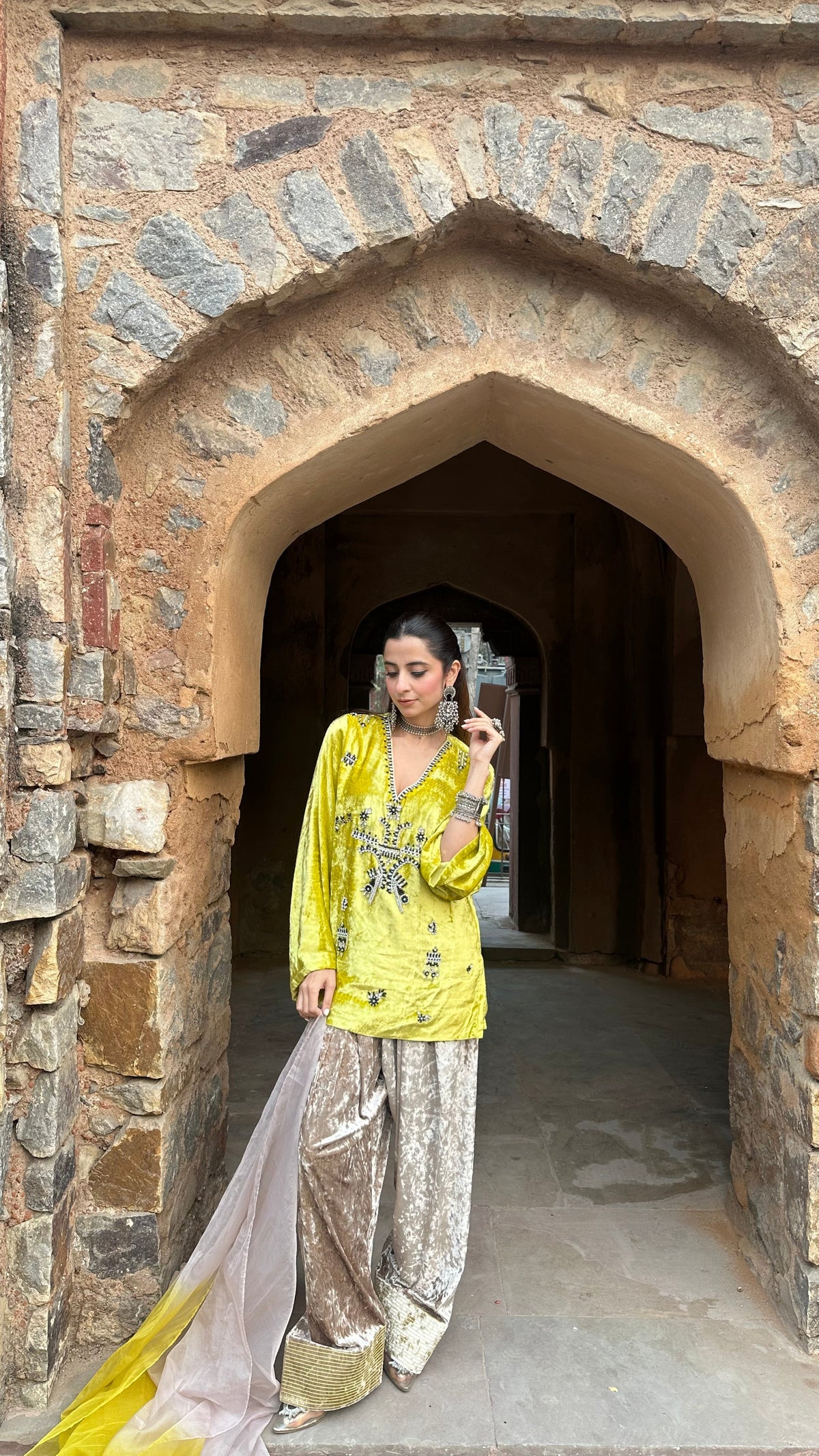 Zeenat Lime Velvet Suit