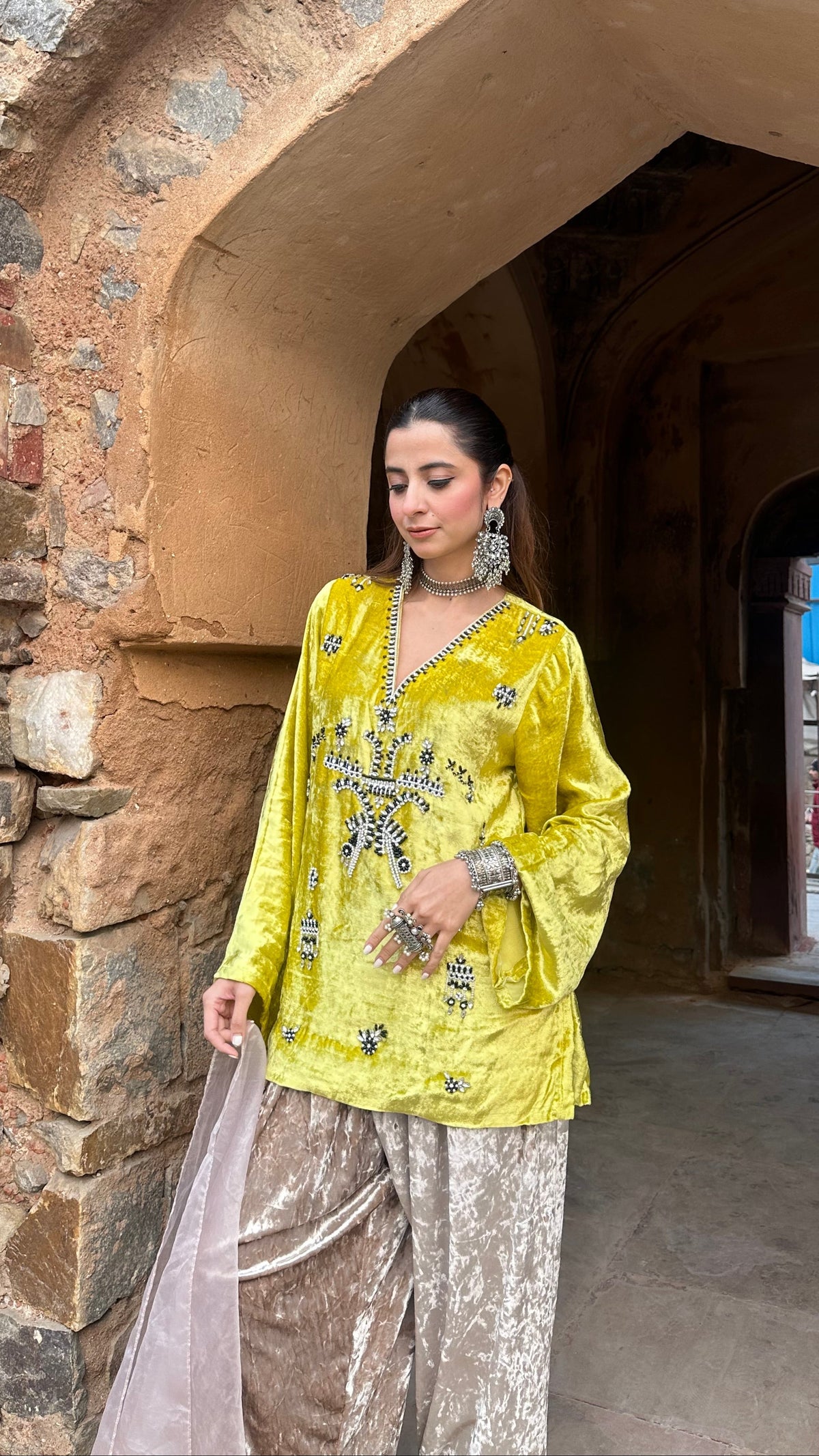 Zeenat Lime Velvet Suit