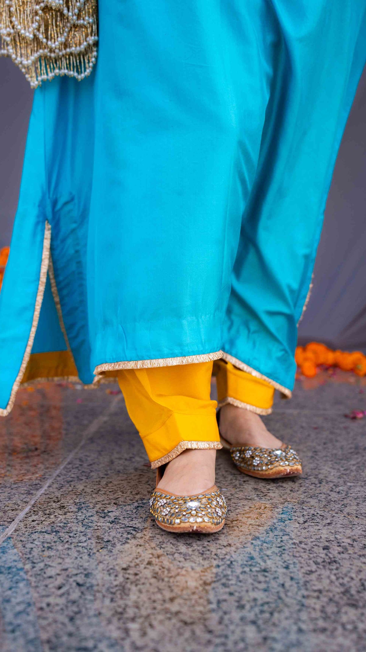 Blue kaftaan with yellow pants