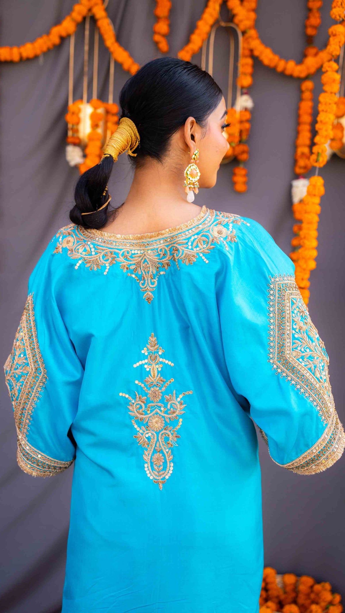 Blue kaftaan with yellow pants