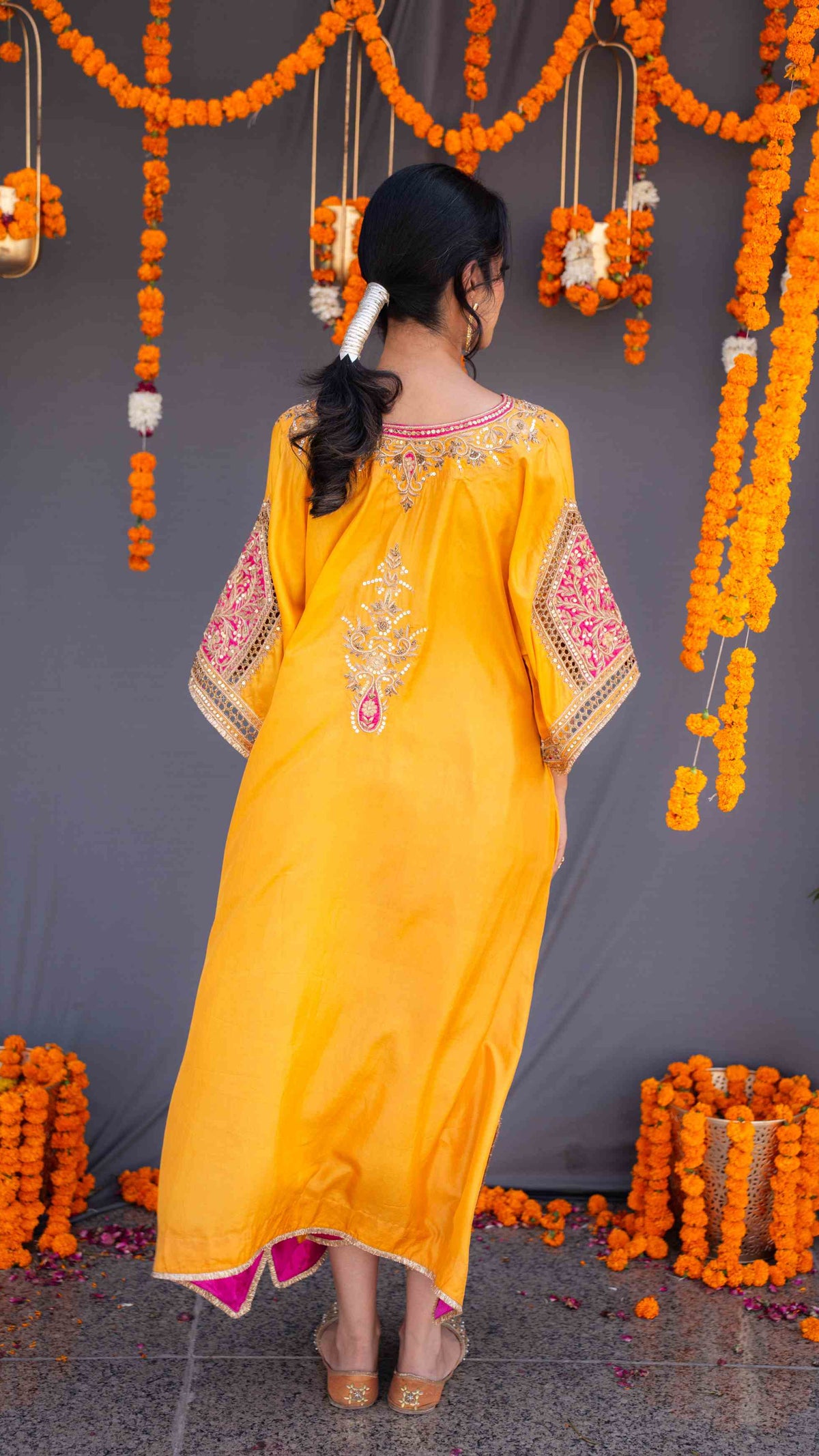 Yellow kaftaan with magenta pants and dupatta