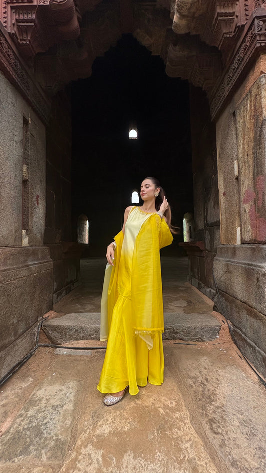 Seher - Yellow to Ivory Ombre Sharara Suit Set