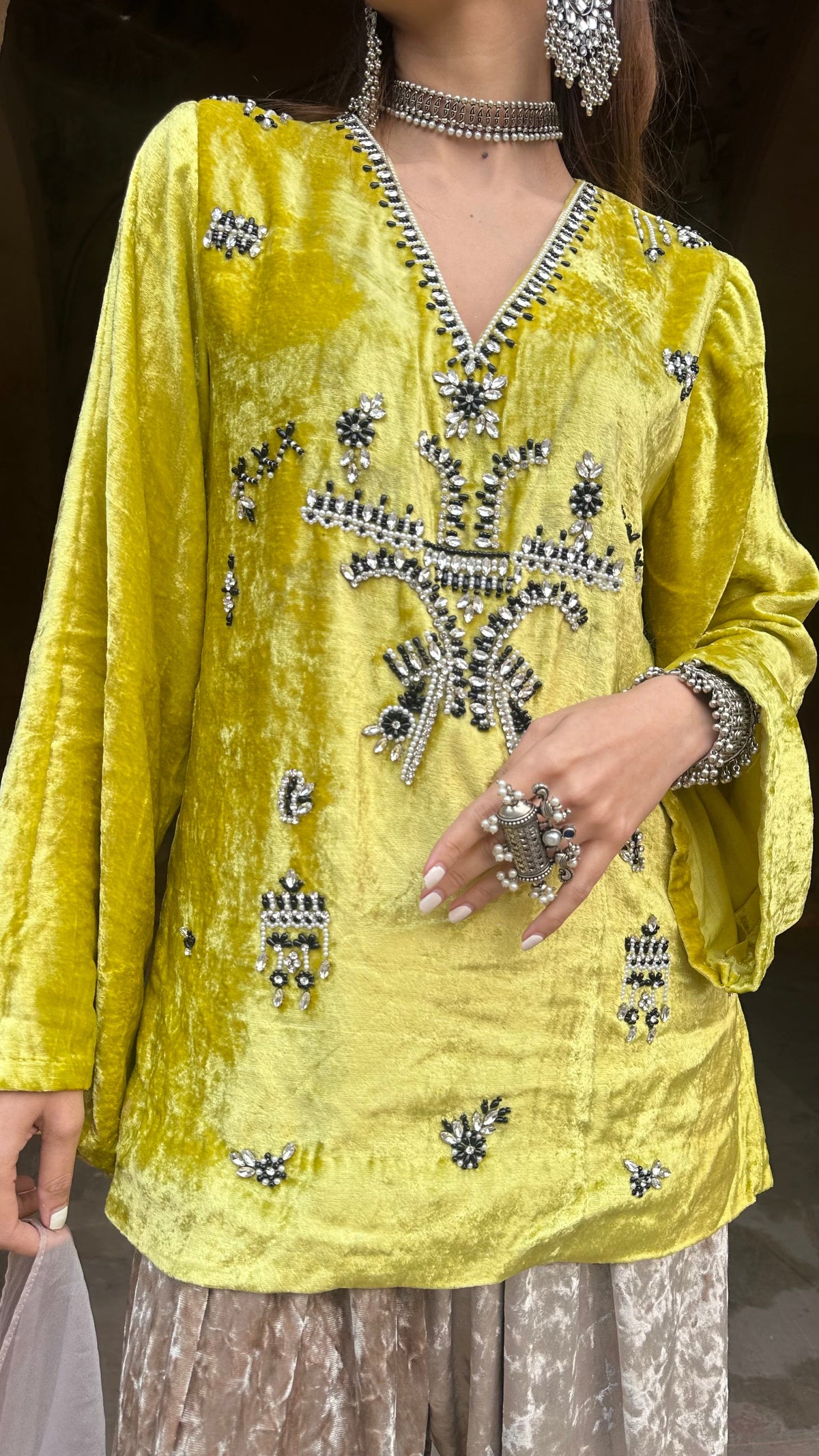 Zeenat Lime Velvet Suit