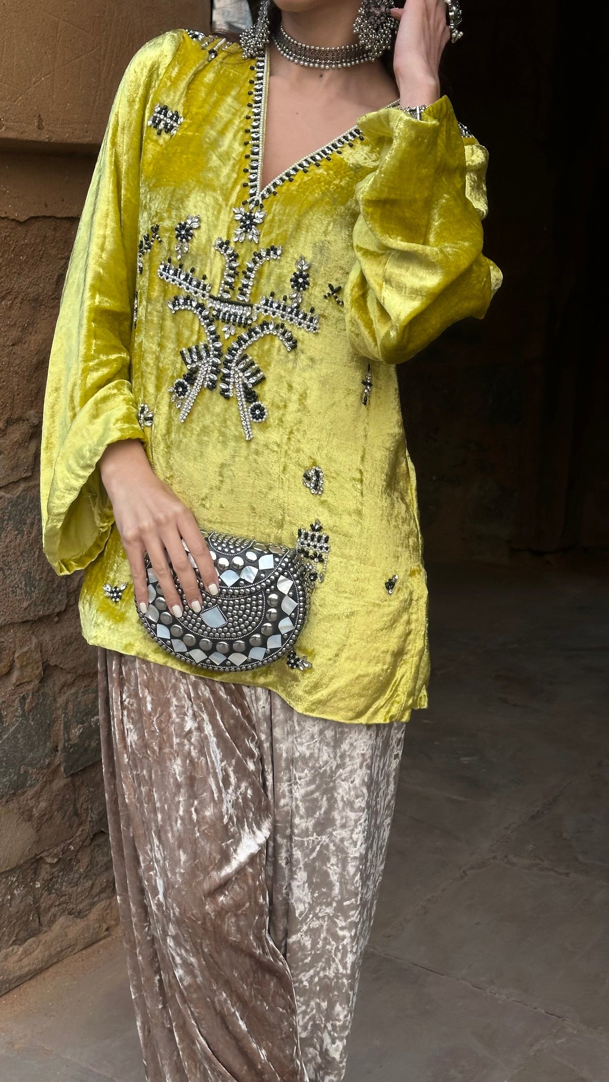 Zeenat Lime Velvet Suit