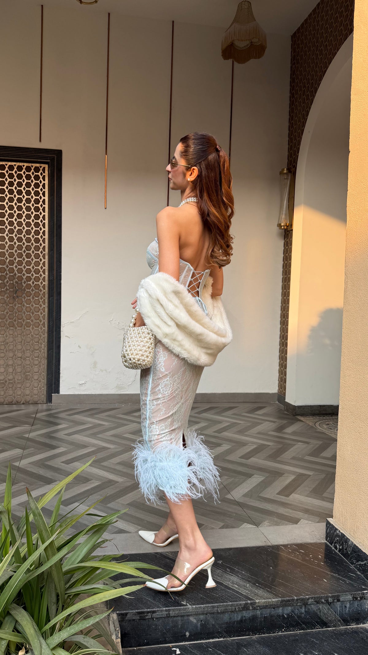Celeste Lace Feather Midi Dress