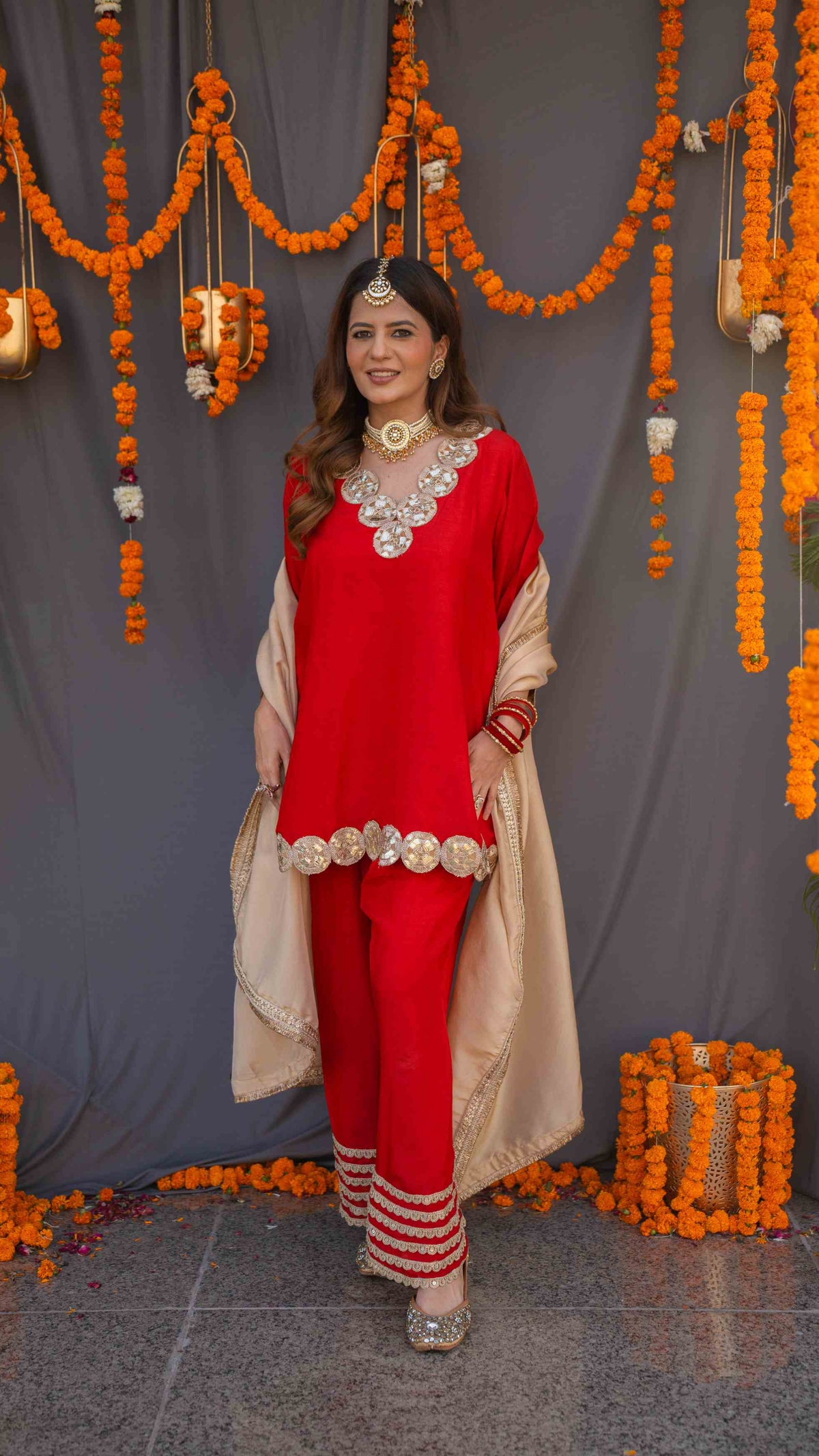 Red suit set with tissue dupatta