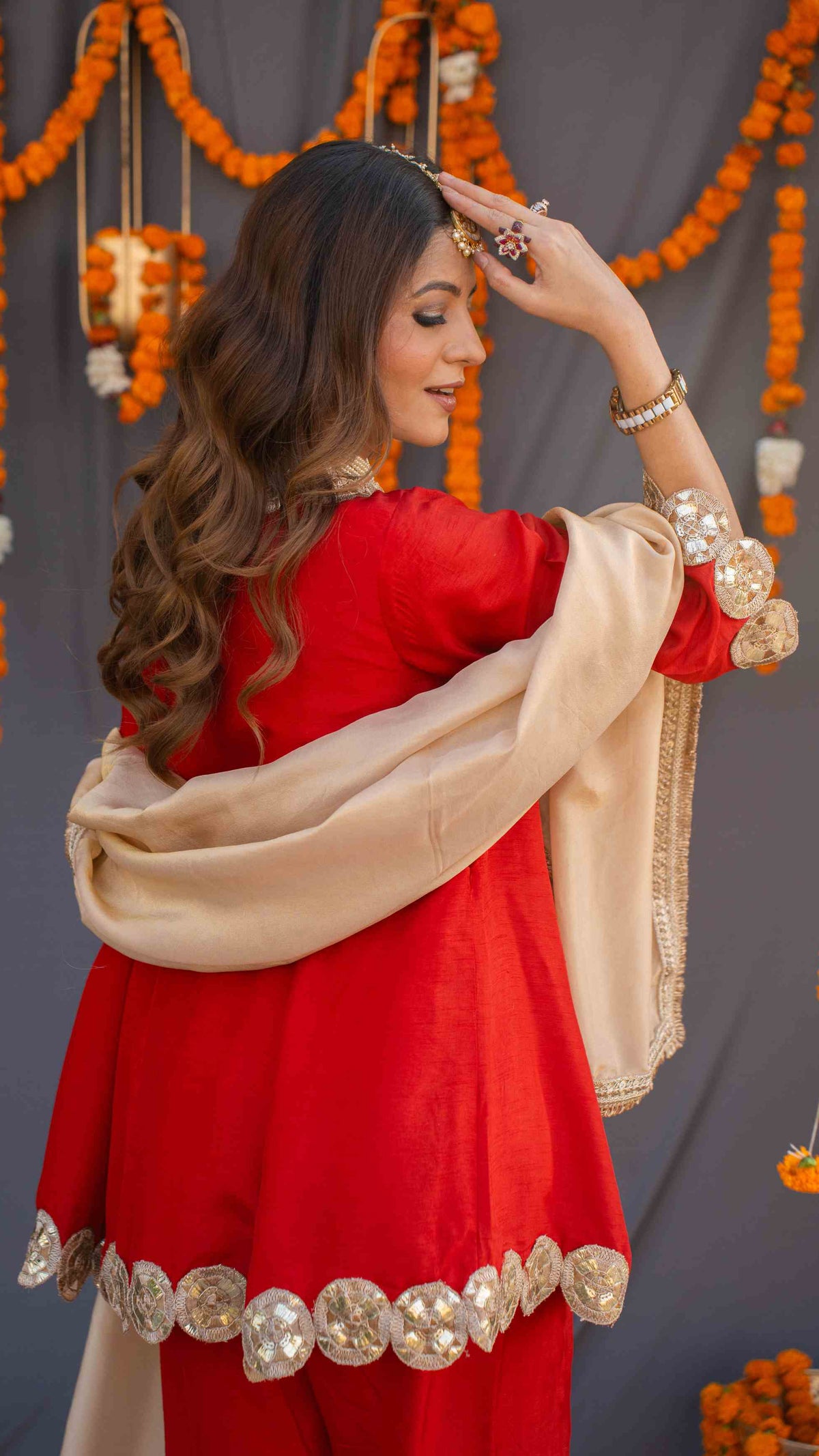 Red suit set with tissue dupatta