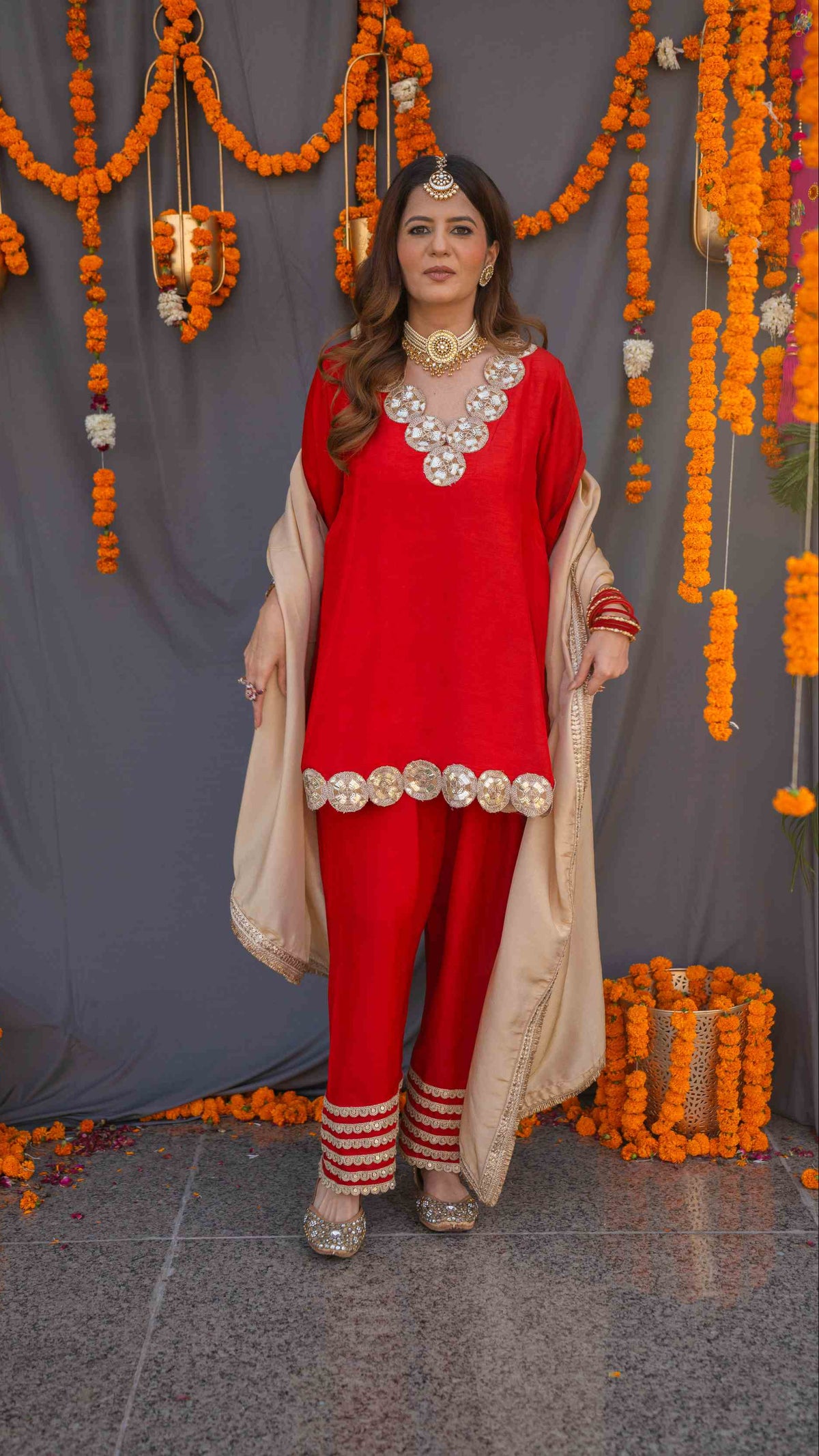 Red suit set with tissue dupatta