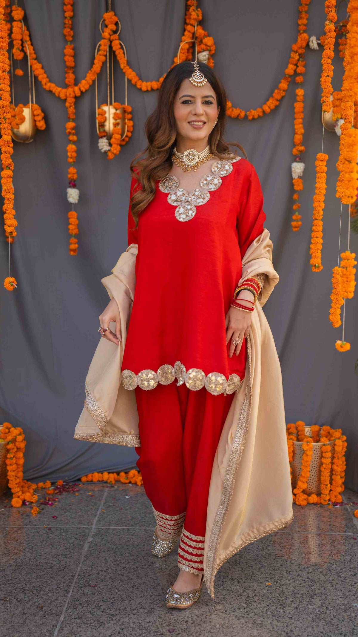 Red suit set with tissue dupatta