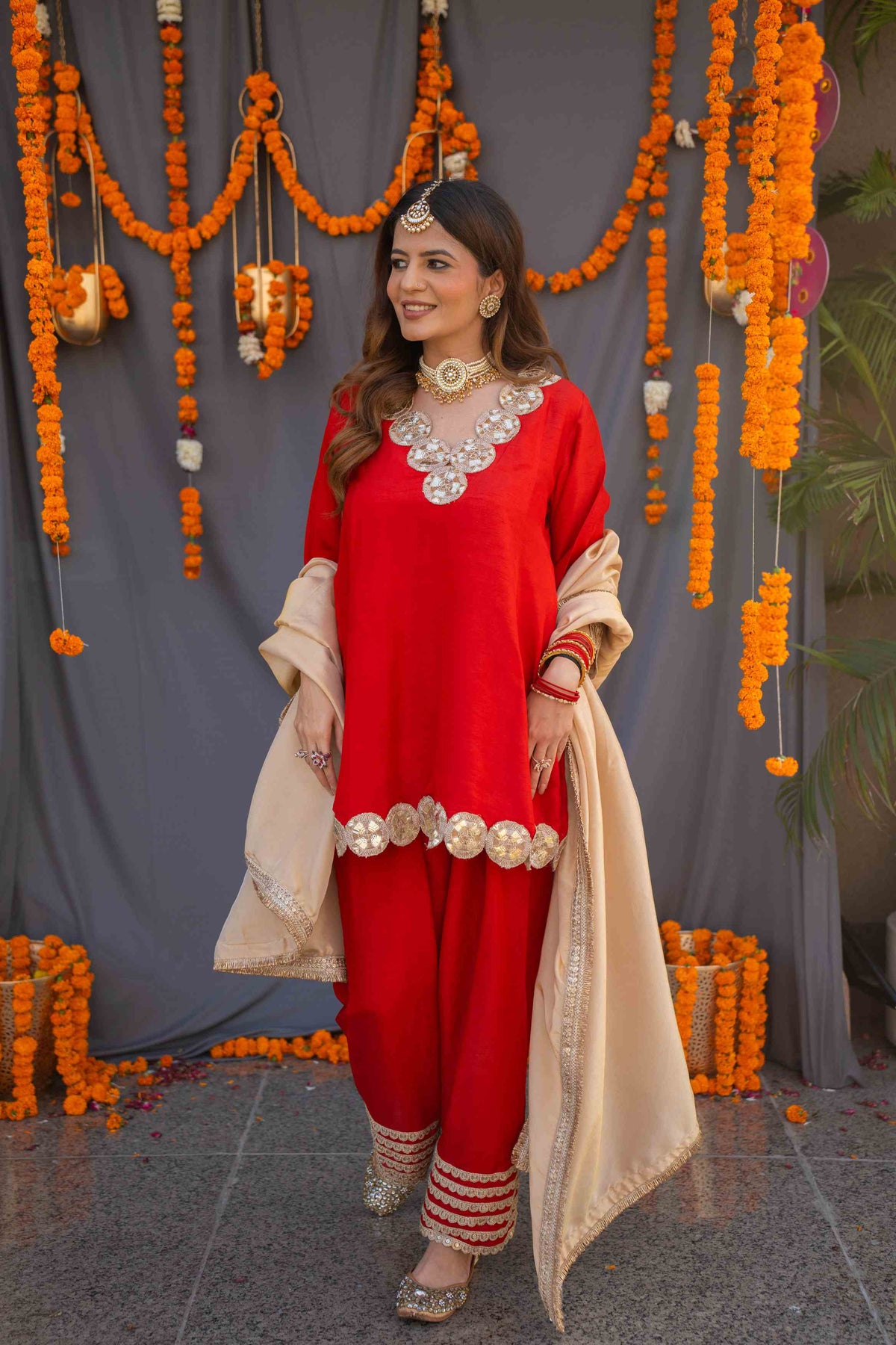Red suit set with tissue dupatta
