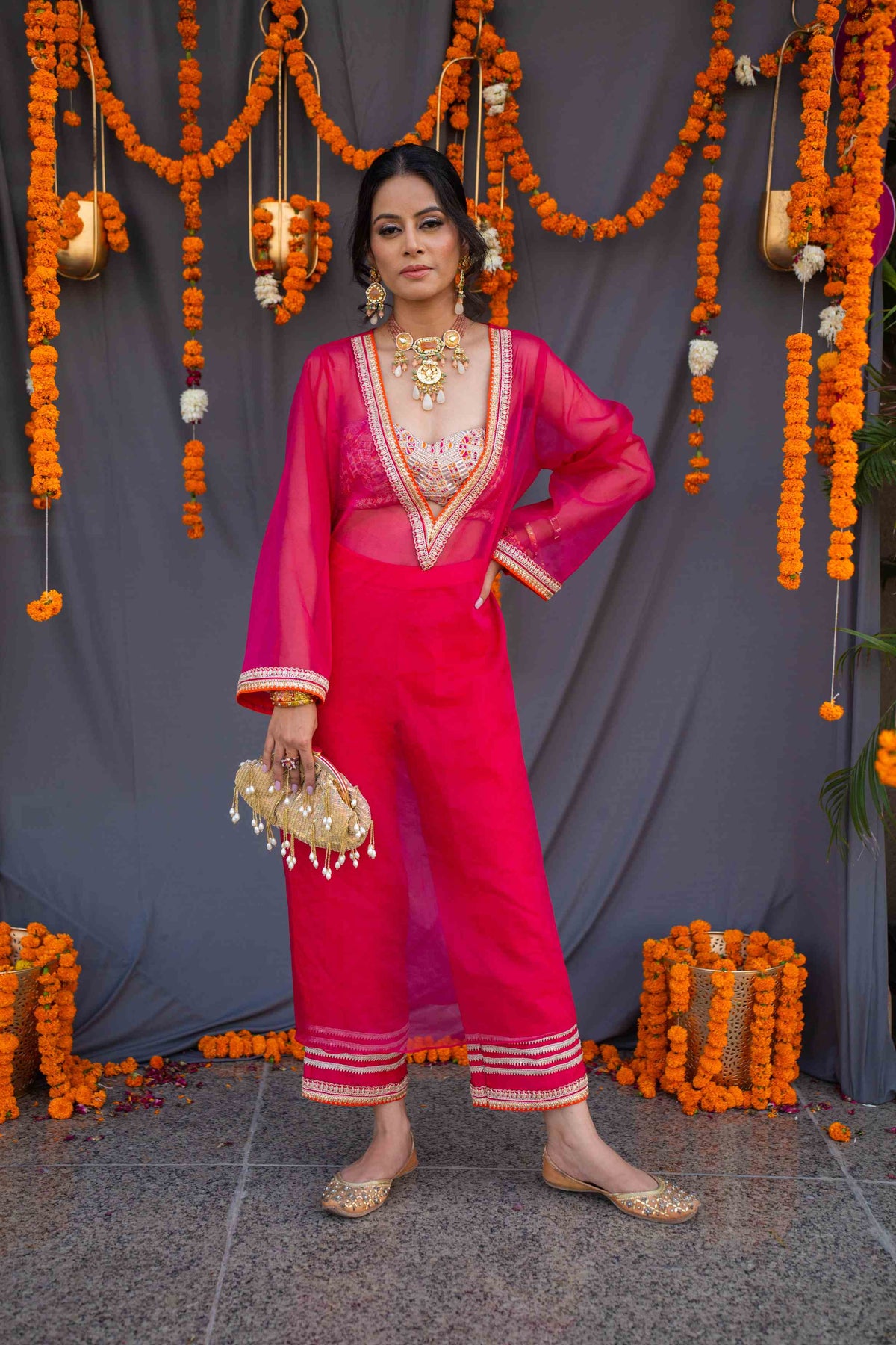 Magenta cape set with pants