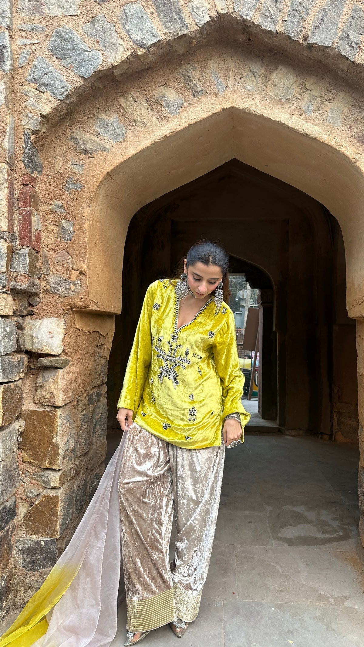 Zeenat Lime Velvet Suit