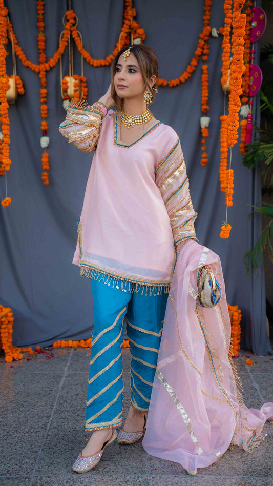 Rosegold shirt with blue pants and organza dupatta