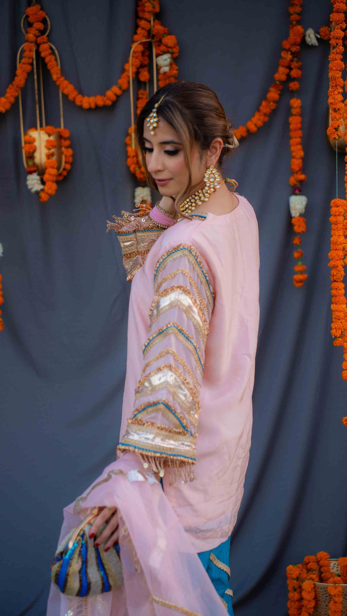 Rosegold shirt with blue pants and organza dupatta