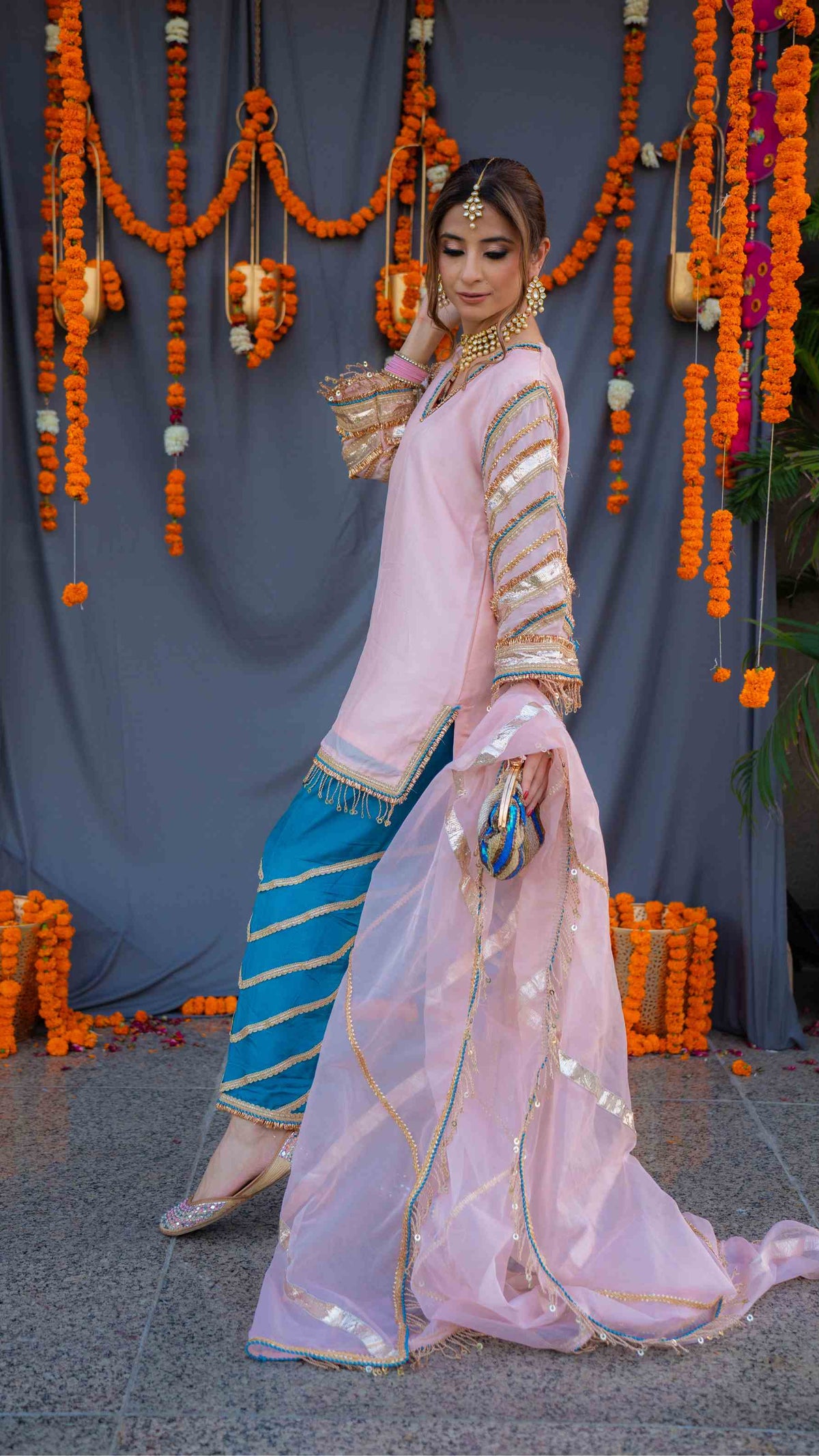 Rosegold shirt with blue pants and organza dupatta