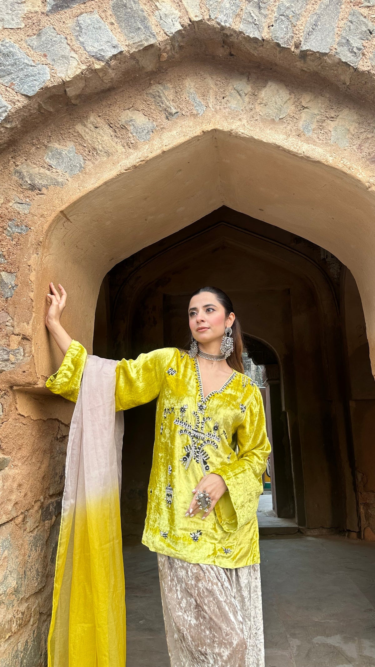 Zeenat Lime Velvet Suit