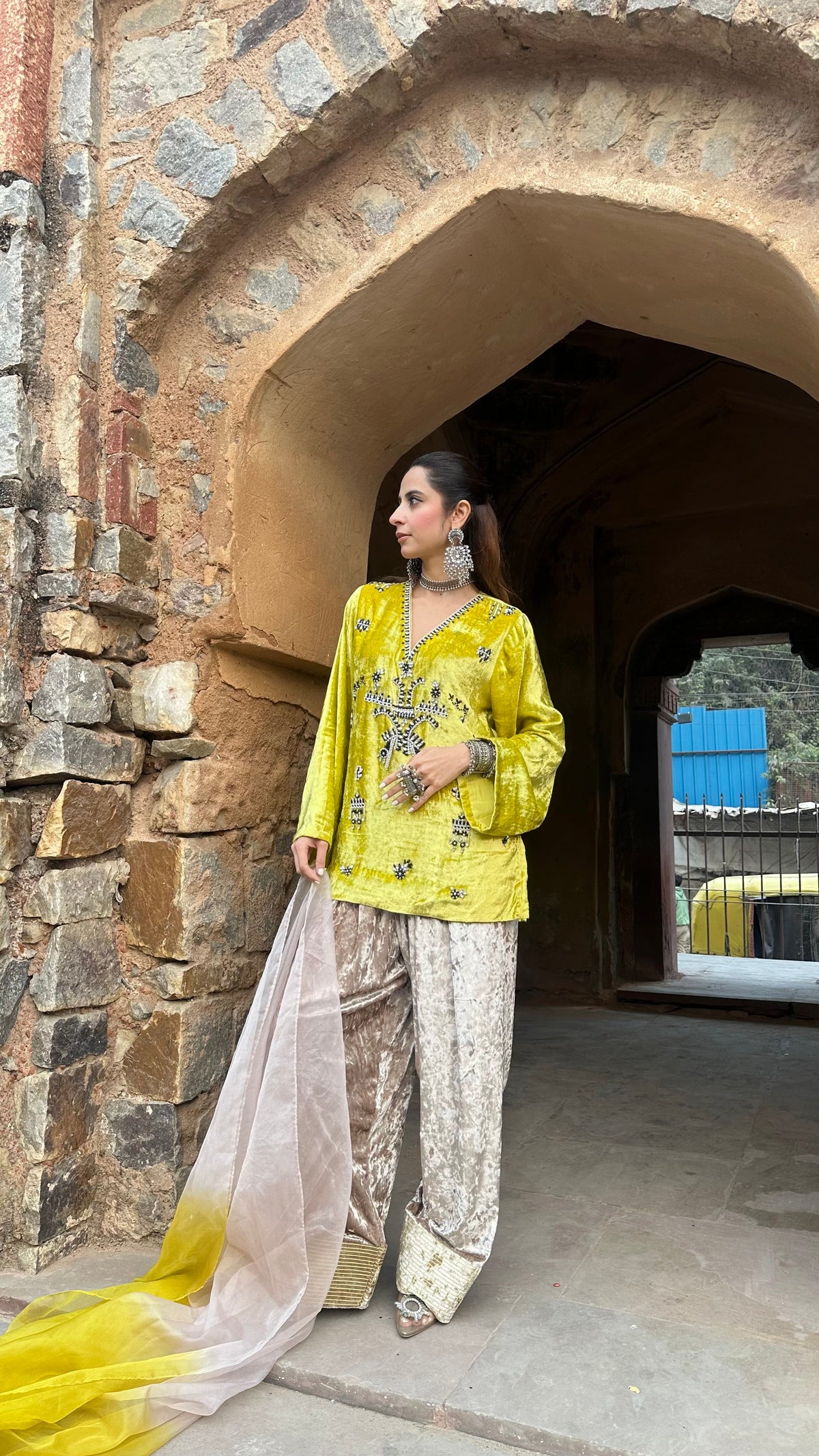 Zeenat Lime Velvet Suit