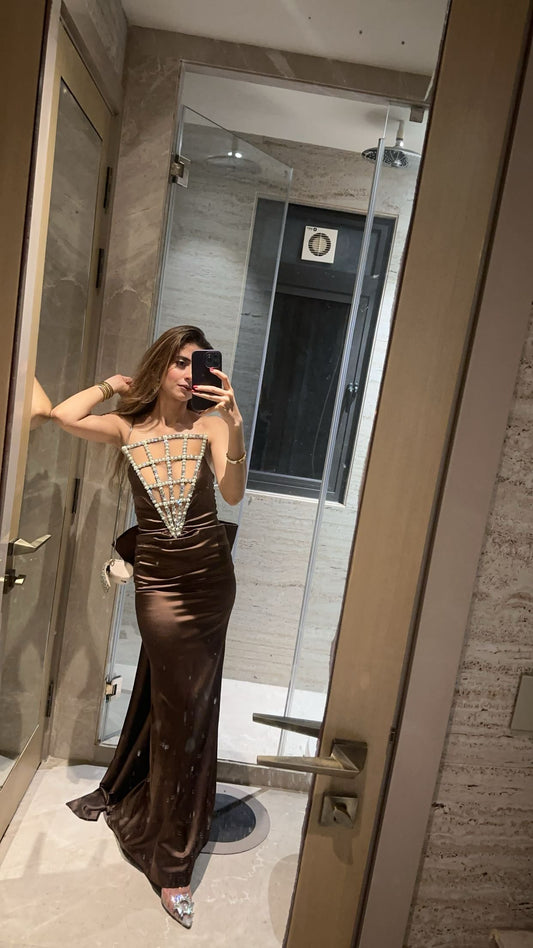 Cocoa Radiance Embellished Satin Gown