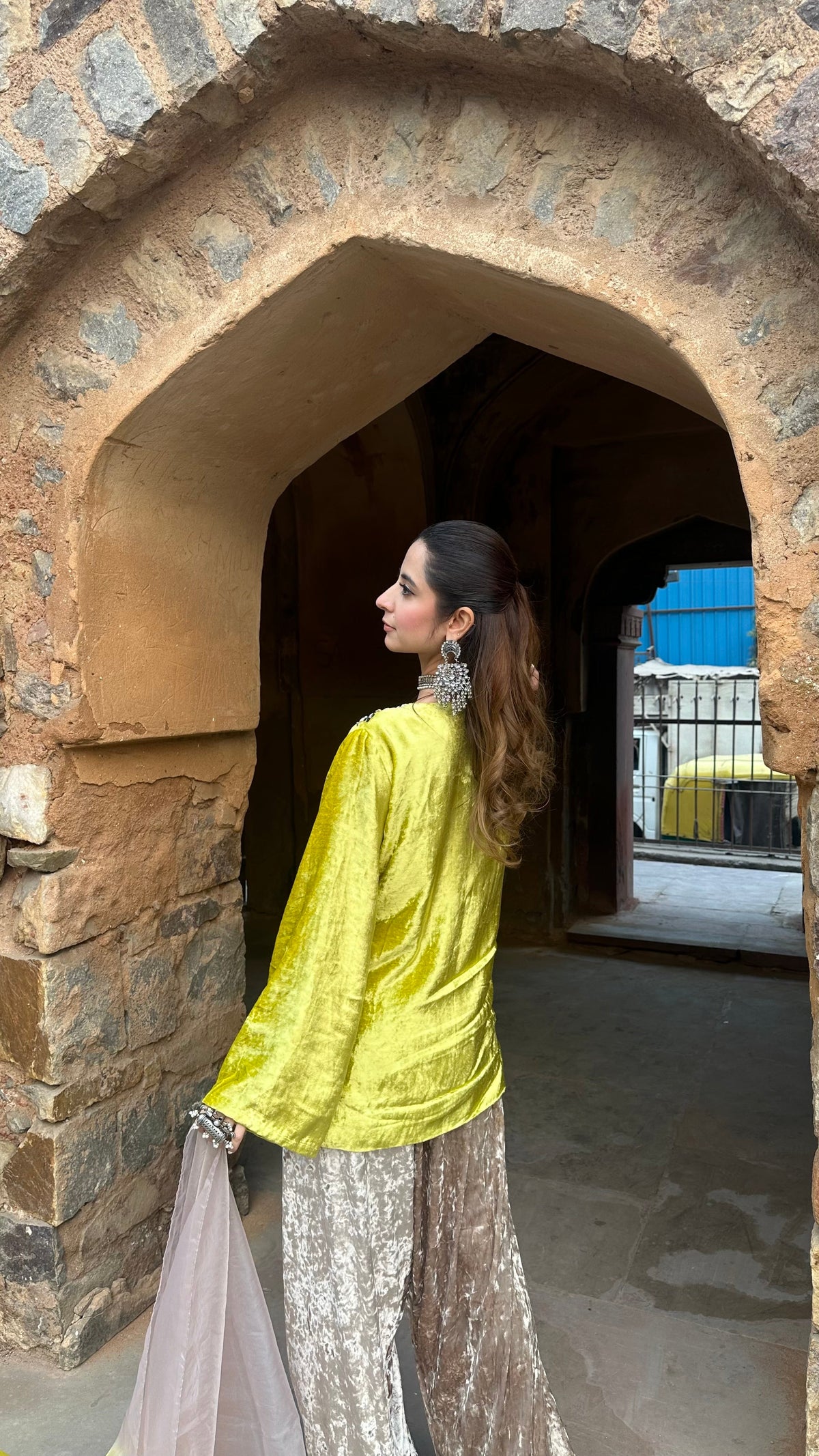 Zeenat Lime Velvet Suit