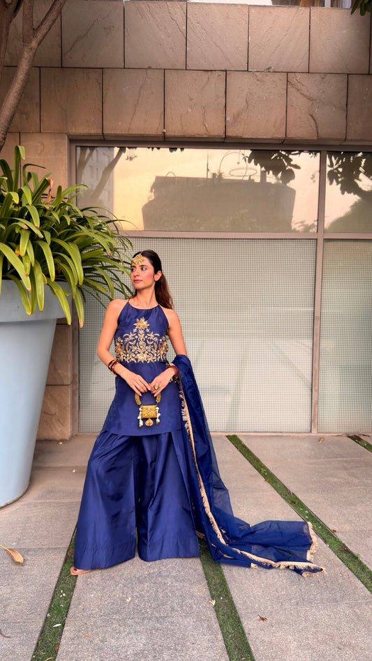 Navy blue embroidered kurta and wide-leg pant set with dupatta