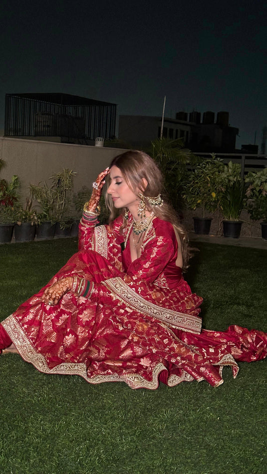 Wine corset anarkali set with hand embroidered jacket