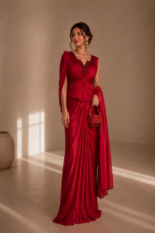 Scarlet red drape saree with crystal-embellished corset blouse, full-length front view